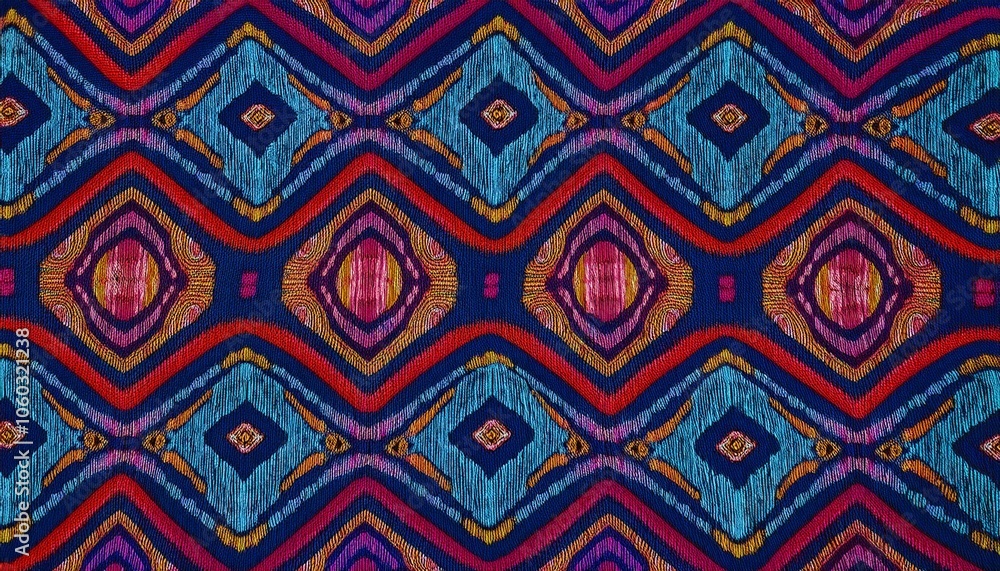 Poster vibrant geometric pattern: a mesmerizing textile design featuring a bold, colorful, and intricate ge