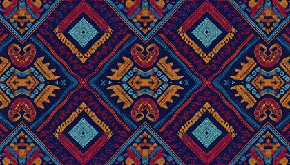 Intricate Geometric Pattern: A captivating seamless pattern featuring vibrant hues of blue, red, and gold, arranged in a mesmerizing geometric design.