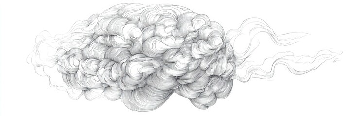 A human brain is soft, swirling cloud shapes, symbolizing cognitive psychology and mental health concepts. The fine line design creates a feeling of calm and introspection,