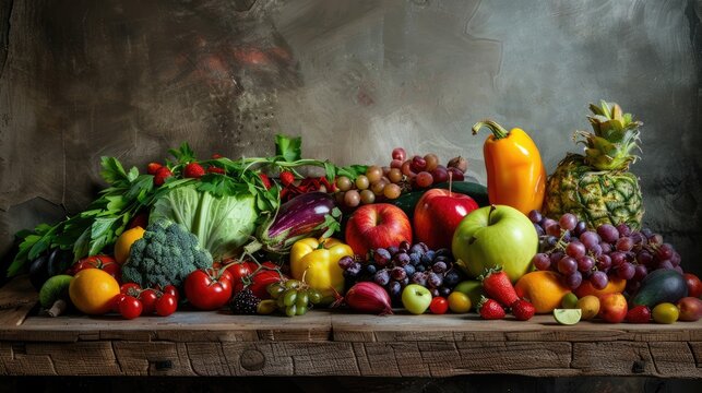 Variety of fruits and vegetables on wooden table for studio photography