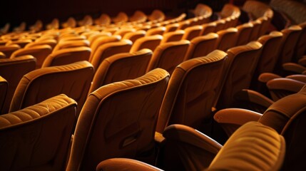 Obraz premium Rows of plush, comfortable seats illuminated by dim lights are waiting for an audience to enjoy a movie, play, or concert