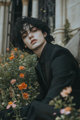 Naklejka premium young man , he is a fantasy prince with wavy black hair, dressed in an all black suit, sits on the ground. He is surrounded by flowers and plants, against the backdrop of gothic castle architecture