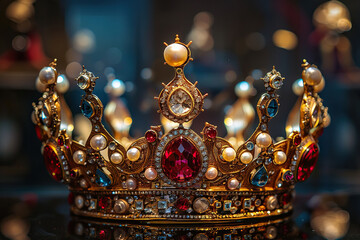Fototapeta premium Fantastic beautiful king or queen crown from gold material for coronation