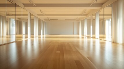 Fototapeta premium A sleek, modern dance studio with full-length mirrors lining the walls, a polished wooden floor reflecting the light, perfect for dance tutorials or branded content