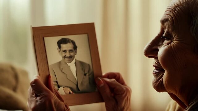Elderly woman smiles holds look at old vintage photo of husband. Nostalgic atmosphere. Cherished memories concept. Retro framed picture symbol love of life through years. Family, nostalgia, heritage.