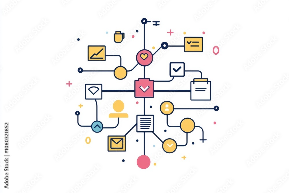 Poster minimalist line icon depicting a business process flowchart with various nodes.
