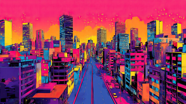 Awka, Nigeria, Pop Art style theme print. Cityscape, city skyline.Vibrant, bright, modern, trendy, graphic designed for poster, card, wallpaper