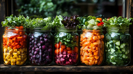 Mason Jars Filled with Chopped Vegetables - Realistic Image