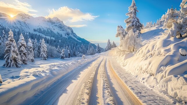 Fototapeta Snowy mountain road in winter landscape.