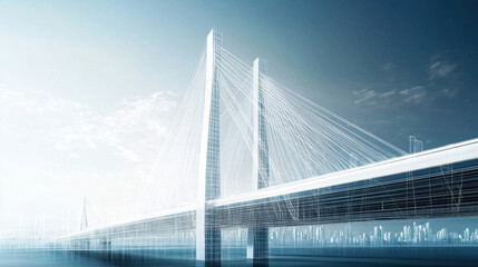 Obraz premium A modern bridge design featuring sleek lines, suspension cables, and a hazy skyline, showcasing architectural elegance and engineering prowess.