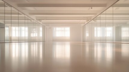 Obraz premium A modern dance studio with expansive mirrors covering the walls, the polished floor creating a reflective surface for dancers