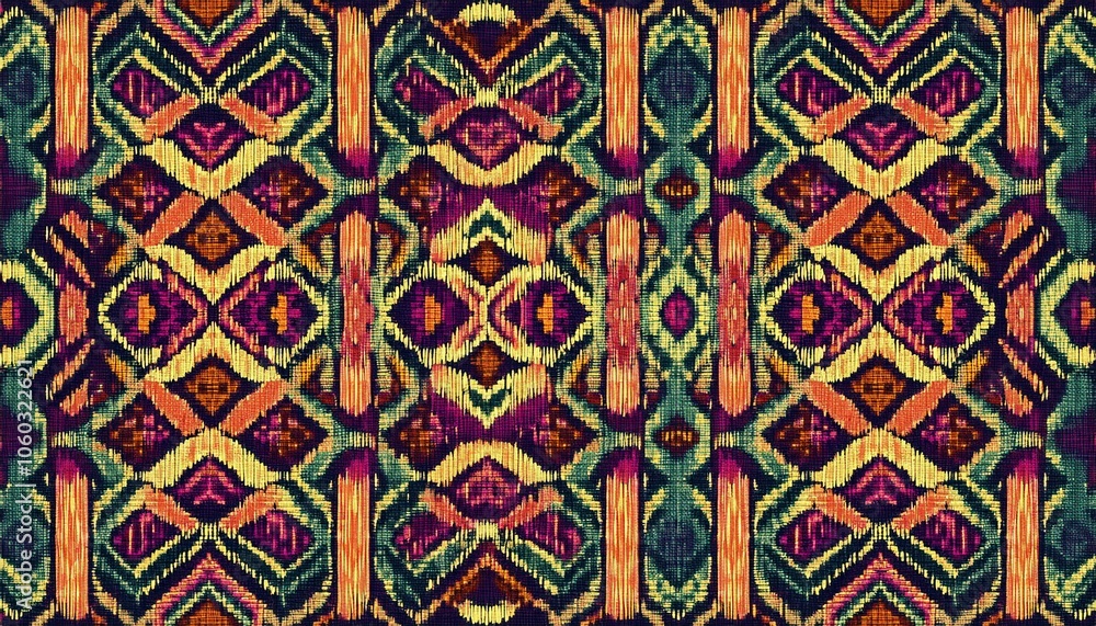 Poster vibrant ikat pattern: a mesmerizing tapestry of colors and intricate patterns, this digital artwork 