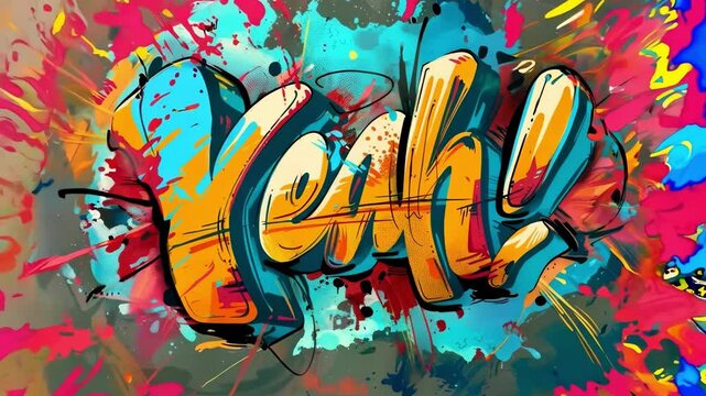 Yeah A colorful graffiti of the word "Yah!" with a splash of paint. The word is written in a bold and colorful font, with the letters "Yah" in blue and "ah" in yellow