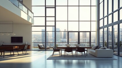 A luxurious loft apartment featuring floor-to-ceiling windows offering a breathtaking panoramic view.