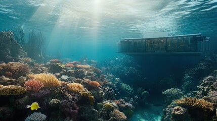Obraz premium Vibrant Underwater Research Facility: A Stunning Poster of Colorful Coral Reefs and Diverse Marine Life, Perfect for Enhancing Your Sports Interior with a Touch of Oceanic Serenity