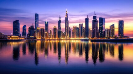 Naklejka premium Manhattan skyline at sunset, lights illuminating buildings, serene river reflection, dusk.