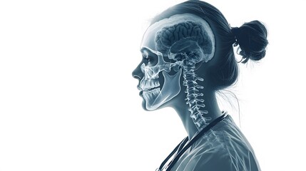 Fototapeta premium nurse double-exposure portrait on the right side, merging with x-ray bones isolated on a white background