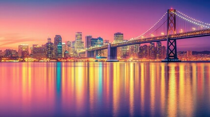 Fototapeta premium Manhattan skyline with shimmering lights at sunset, river reflecting city lights, calm vibe.