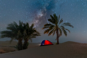  beautiful night Stars milky way motion at desert sand dune oasis palm date tree wild camping tent