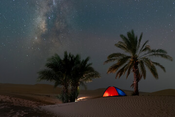  beautiful night Stars milky way at desert sand dune oasis palm date tree wild camping tent