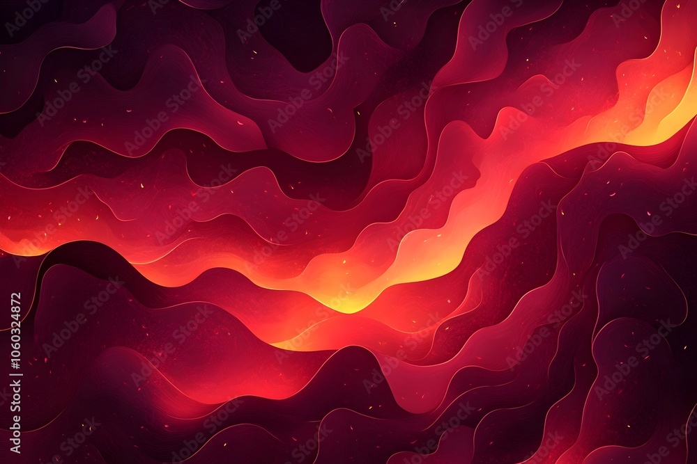 Poster an abstract digital artwork featuring flowing waves of deep red and warm orange tones, creating a dy