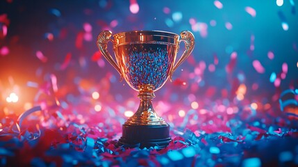 shiny golden trophy gleaming under soft blue lighting, surrounded by colorful streamers, celebrating achievement in a vibrant sports competition setup