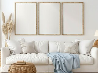 Minimalist living room interior with white couch, three empty frames on the wall, and a wicker side table and ottoman
