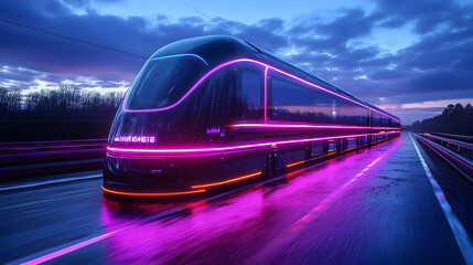 Naklejka premium Futuristic Bus in Neon Lights 3D Illustration