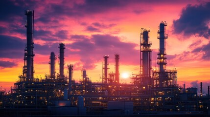 Fototapeta premium Sunset illuminating a vast fuel refinery, showing advanced fuel technology and clean design