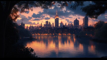 Fototapeta premium Manhattan skyline at sunset, lights illuminating buildings, serene river reflection, dusk.