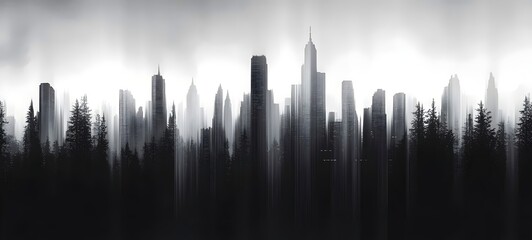 Fototapeta premium A dramatic silhouette of a city skyline against a misty forest backdrop, creating an atmospheric contrast with shades of gray and light illuminating the buildings.