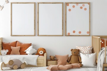 A cozy and minimalist nursery with a crib. plush toys. and a large wooden frame for a mockup The walls are painted in a soft white with a brown wooden floor