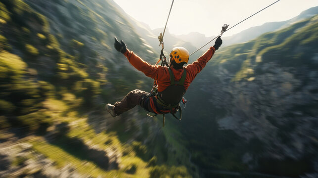 Adventurous rider speeding on zipline with arms raised, enjoying thrill of moment in stunning mountainous landscape