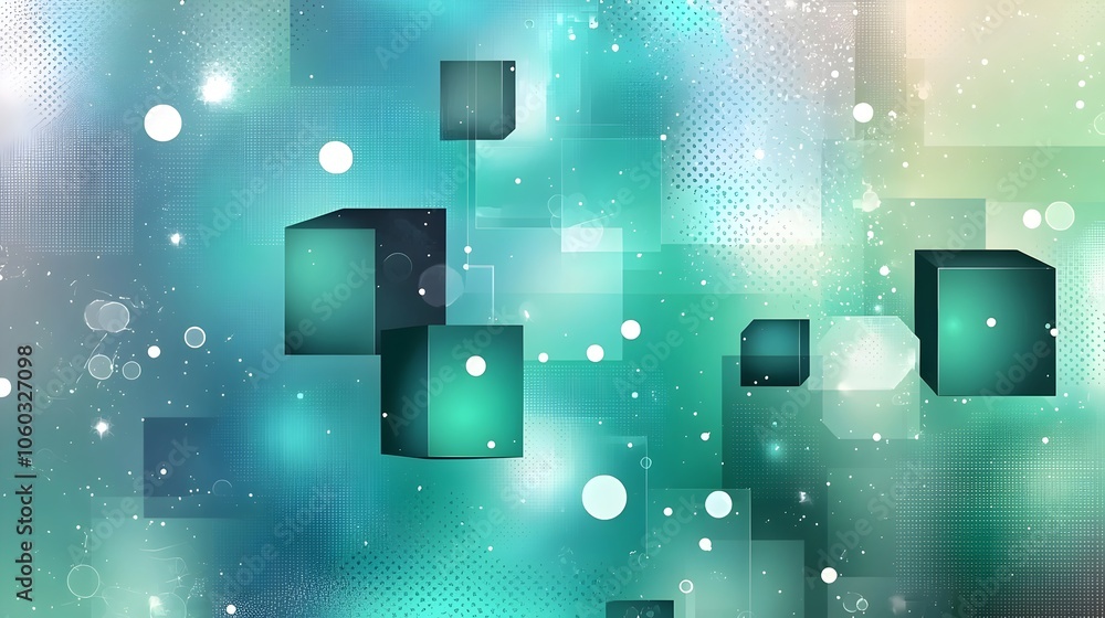 Poster an abstract digital composition featuring floating teal and green cubes against a shimmering backgro