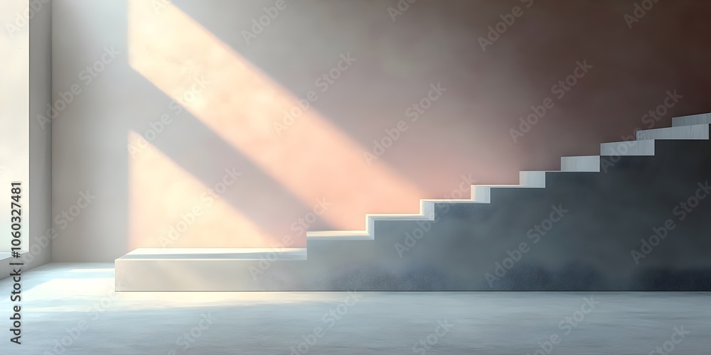Poster a minimalist interior featuring a staircase leading up to a softly lit area. the walls have a warm g