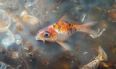 Naklejka premium Dead goldfish in murky water.
