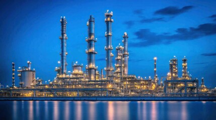 Fototapeta premium Refinery brightly lit at night, highlighting high-tech fuel processing and operations efficiency