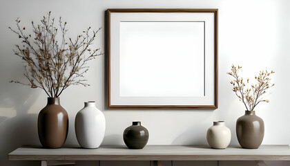 Square mock up poster frame on white wall above set of different vases with twig. Minimalist