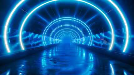 An abstract tunnel or corridor with rays of light and new highlights, set against a blue neon background. The scene features rays and lines with a round arch
