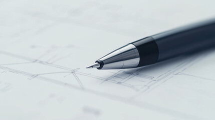 A sleek black pen rests on a blueprint, showcasing precision and the art of planning in design and architecture.