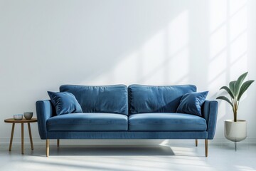 A blue sofa with cushions. two plants. and a wooden table in a white room