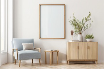 A minimalist living room interior with a blue armchair. wooden cabinet. and a large empty frame on the wall