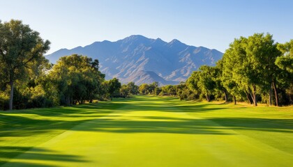 Naklejka premium A scenic view of a lush green golf course with a backdrop of majestic mountains under a clear blue sky, showcasing the beauty of nature and outdoor leisure activities.