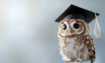 A small owl wearing a black cap and gown is sitting on a table