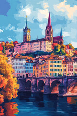 Naklejka premium Basel, Switzerland, Pop Art style theme print. Cityscape, city skyline.Vibrant, bright, modern, trendy, graphic designed for poster, card, wallpaper