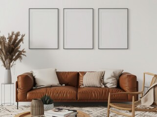 A cozy living room with a brown leather sofa, three framed pictures, a coffee table with a vase, and two pampas grass plants