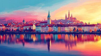 Naklejka premium Basel, Switzerland, Pop Art style theme print. Cityscape, city skyline.Vibrant, bright, modern, trendy, graphic designed for poster, card, wallpaper