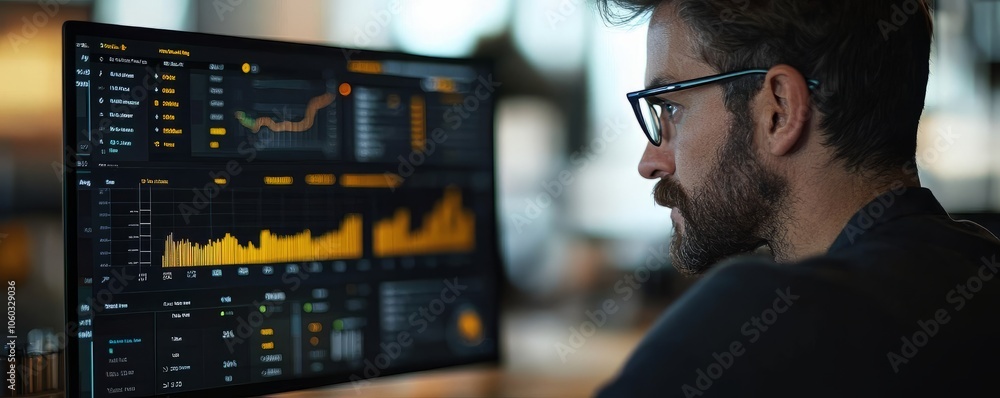 Poster focused man analyzing financial data on a computer screen in a modern office.