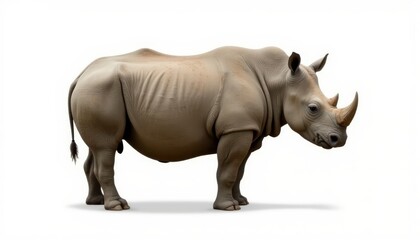 Obraz premium Rhinoceros standing in profile view on white background with realistic detail