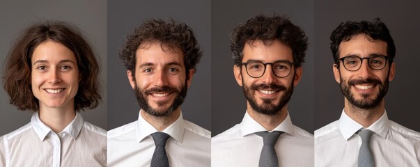 Fototapeta premium Four professional individuals in formal attire with diverse hairstyles and smiles.